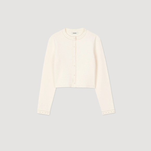 Sandro Paris Pearl Trim Cream Knit Cropped Cardigan Sweater - Picture 2 of 6